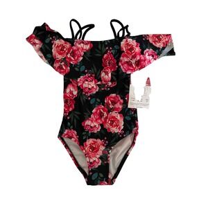 Kanu Surf Avery Girls Black Girlie Pink Floral Ruffle One Piece Swimsuit 2T NWT